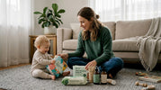 Mother with baby sorting plant-based baby products