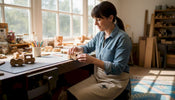 Artisan sanding wooden toy in sunlit studio