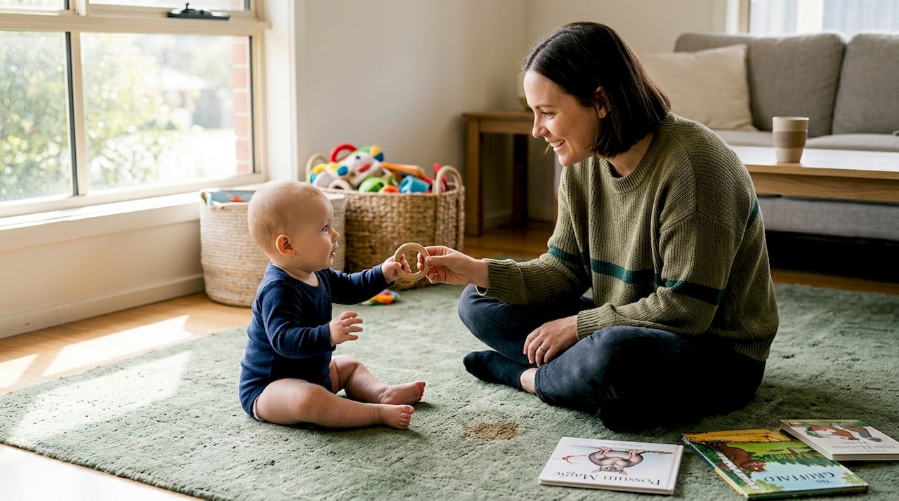 Mother offering eco-friendly teething toy