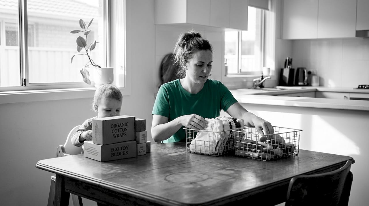 Mother sorting sustainable baby products at home