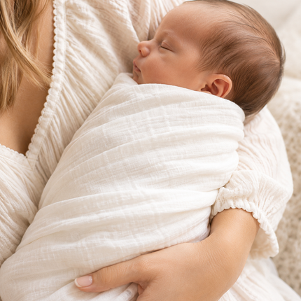 Newborn baby wrapped in a white blanket being held by a person.