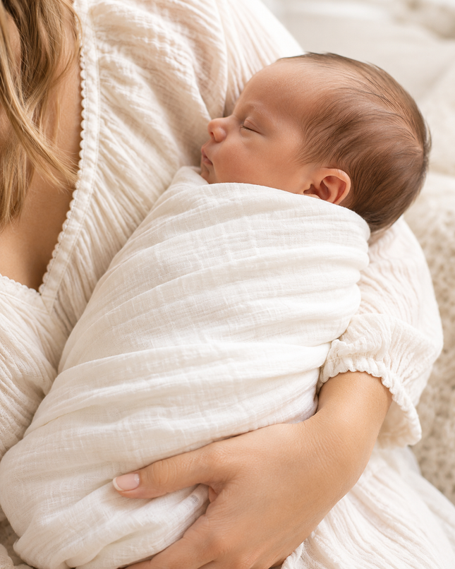 Newborn baby wrapped in a white blanket being held by a person.
