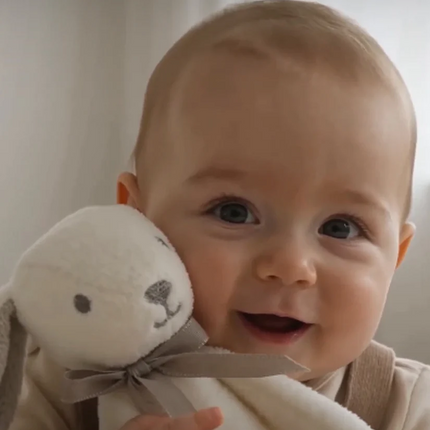 A close-up of a smiling baby holding a soft white plush bunny toy with a gray ribbon bow, set against a warm, softly lit neutral background.