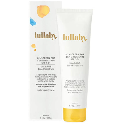 Two tubes of Lullaby sunscreen for sensitive skin on a white background