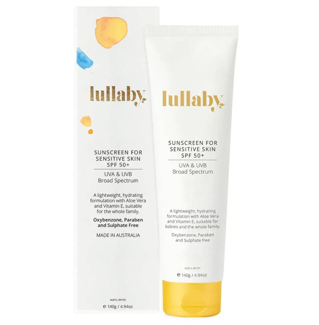 Two tubes of Lullaby sunscreen for sensitive skin on a white background