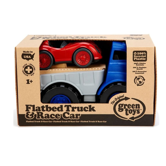 Green Toys Flatbed Car Transporter Toy Truck with Race Car - Hello Charlie