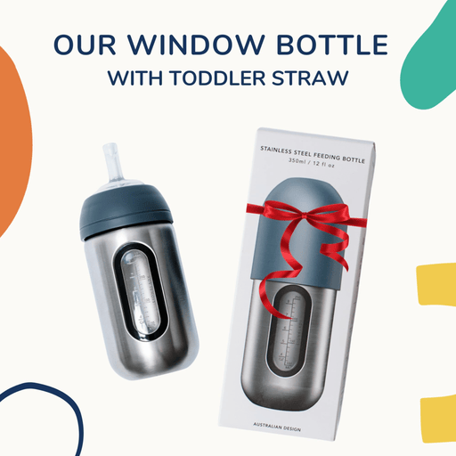 Lion & Lady 18/8 Stainless Steel Toddler Straw Lid Bottle with Window 350ml - French Navy - Hello Charlie