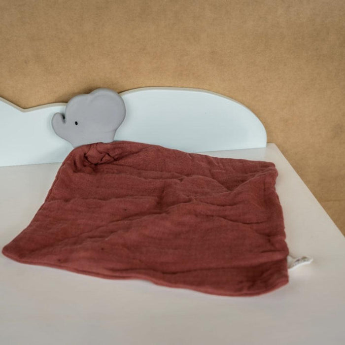 Tikiri Elephant Rubber Teether & Muslin Comforter - Maroon - Hello Charlie