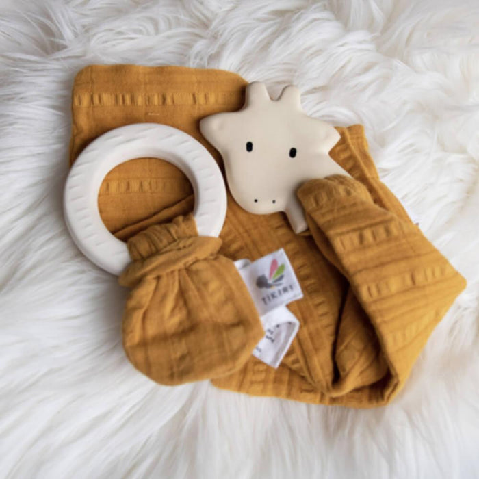 Tikiri Giraffe Rubber Teether & Muslin Comforter - Mustard - Hello Charlie