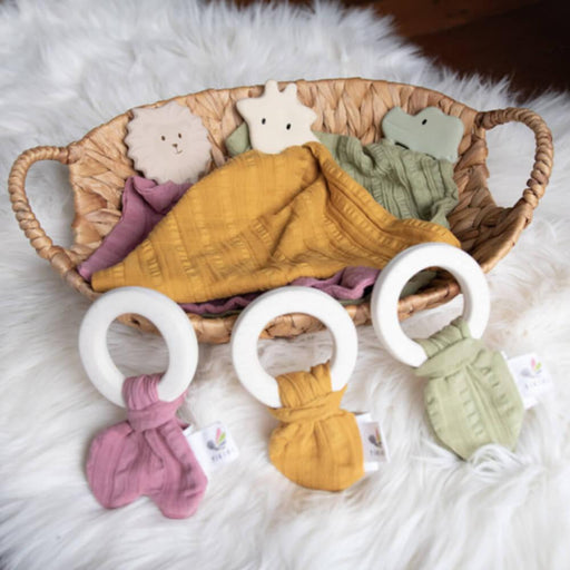 Tikiri Natural Rubber Teether with Muslin - Mustard - Hello Charlie